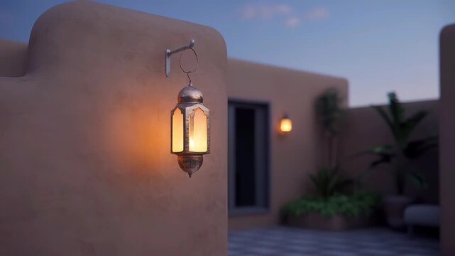 Ornate Moroccan lantern hanging on a stucco wall at dusk Islamic decorative