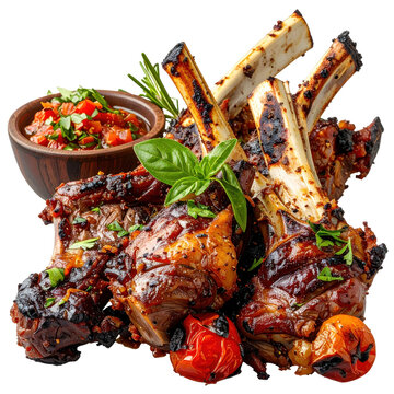 A close-up view of a delicious chivito al asador showcasing the tender and juicy roasted goat meat professionally isolated on white background