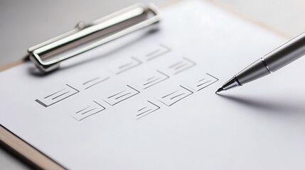 Completing a survey or checklist with a silver pen on a clipboard, offering a detailed look at the process of form completion and data collection.