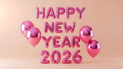 Pink metallic balloons and text saying Happy New Year 2026 on a beige background