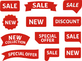 44.epsRealistic red sale label vector set with discount ribbons, new collection banners, price tags, special offer stickers, and promotional badges for ecommerce and business marketing.