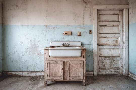 Dilapidated antique washstand occupies center of room with peeling blue and white painted walls beside a distressed wooden doorway