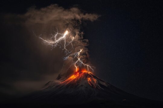 Solitary volcano silhouette with lightning cutting through night sky, subtle lava glow at vent and drifting ash plume, ideal editorial image for news coverage, environmental analysis and dramatic
