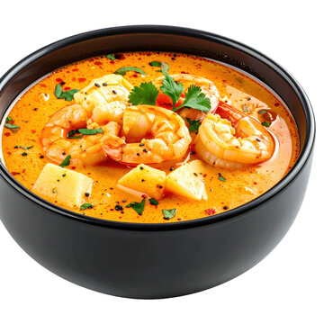 Creamy chupe de camarones a traditional peruvian shrimp and potato chowder beautifully presented isolated on white background