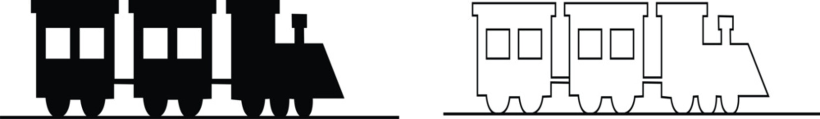 Black train icon set in flat and line style railway locomotive and freight transport silhouette collection featuring passenger and cargo rail graphic group, minimal monochrome vector illustration pack © Muhammad