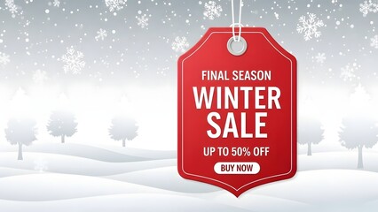 A red winter sale sign with snowflakes and trees in the background for final season discounts