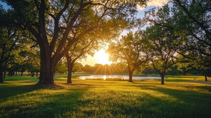 Sunlit trees and meadow landscape