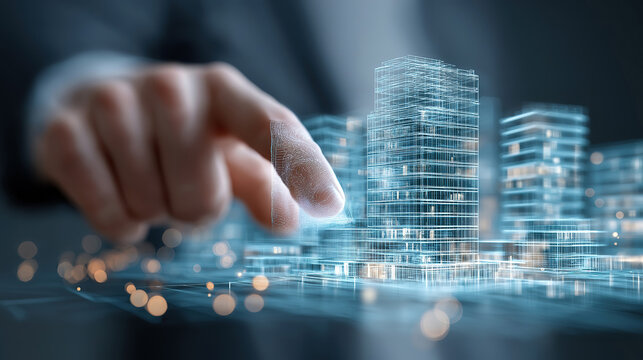 Hand engaging with virtual reality building hologram highlighting modern real estate investment