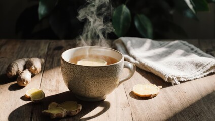 Steaming mug of tea with ginger slices, wood table setting with cloth, warm light