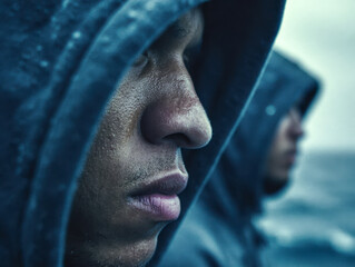 Two men wearing hooded jackets facing forward with serious expressions outdoors in cold, misty conditions creating a dramatic and contemplative mood