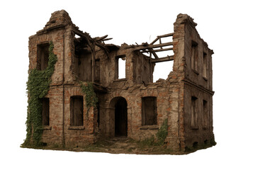 Fototapeta premium Abandoned old brick house ruins displaying severe decay and destruction with overgrown ivy, transparent background