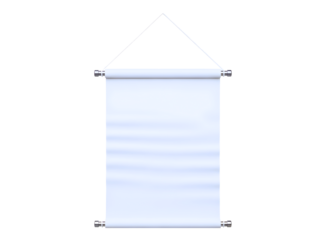 A blank white fabric banner hanging on a string with metal clips isolated on transparent background