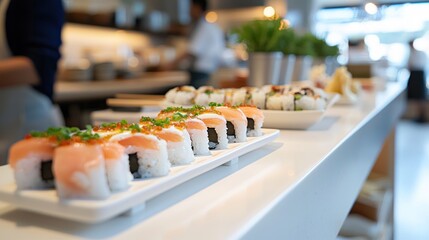 Sushi arrangement on white countertop