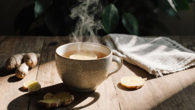 Steaming mug of tea with ginger slices, wood table setting with cloth, warm light - Powered by Adobe