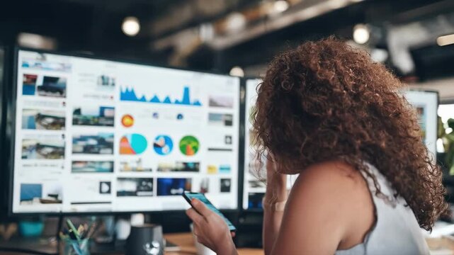 Digital presence audit captured in medium shot as a strategist examines social media insights and website analytics on multiple screens.