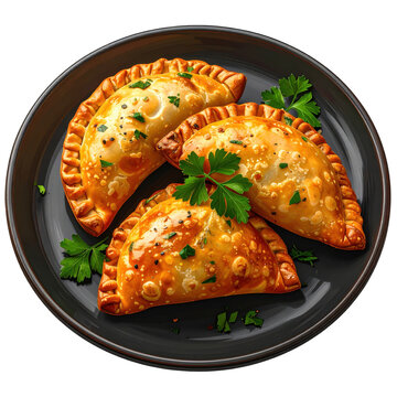 An overhead view of a pair of empanadas Salte&ntilde;ass highlighting their shape and decorative edges arranged neatly and isolated on a bright white background
