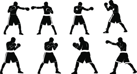 Boxer silhouette poses, boxing stance illustration, athletic movement vector, combat training design, sports action clipart, martial arts posture, cad drawing flat vector illustration