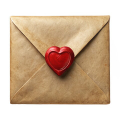Vintage kraft paper envelope sealed with a red heart wax stamp symbolizing love letter or special message isolated on white background