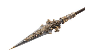 Ornate medieval spearhead with intricate gold detailing isolated on transparent background. Ornate medieval spearhead intricately decorated warrior weapon isolated on white background.