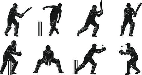 Cricket player silhouette, batsman, bowler, wicketkeeper, fielder, sports action pose, black vector, flat style, cad drawing, isolated illustration, SVG art