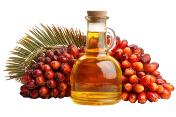 Bottle of palm oil with fresh palm fruit and leaves isolated on transparent background. Golden palm oil in glass bottle with fresh palm fruits and leaves isolated on white background.