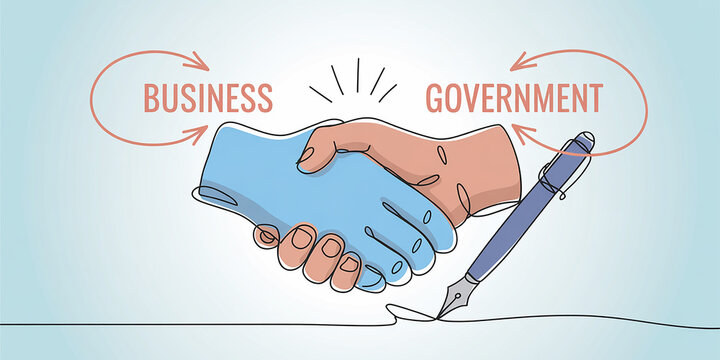 Illustration of business and government handshake with signing pen and circular arrows