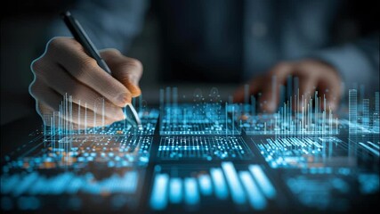 Person interacting with digital data interface, analyzing futuristic business graphs financial charts video 4k - Powered by Adobe