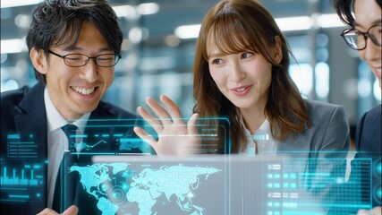 Business professionals collaborating using advanced technology and augmented global for strategy data reality video 4k - Powered by Adobe