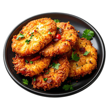Close-up of fritada showcasing the crispy texture of ecuadorian fried pork with corn and potatoes isolated on white background
