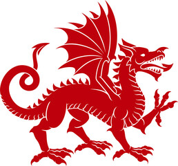 A stylised heraldry coat of arms crest style Welsh dragon in passant walking pose