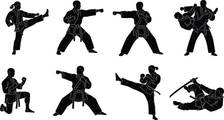 Martial arts silhouette, combat pose vector, fighter stance illustration, weapon technique clipart, dynamic movement design, cad drawing flat vector illustration