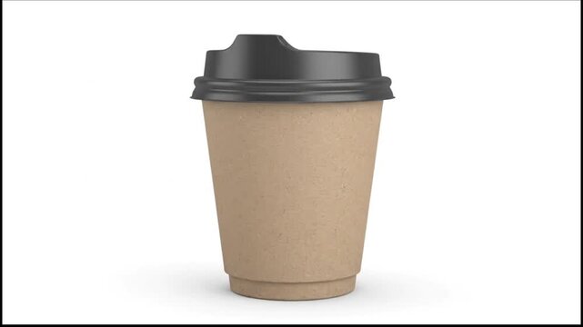Disposable brown paper coffee cup with a black lid on a clean white background