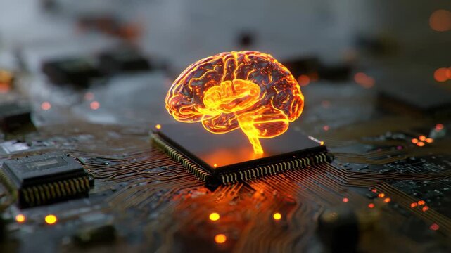 Digital brain model on computer chip during technology demonstration showcasing advancements in artificial intelligence and neural networks