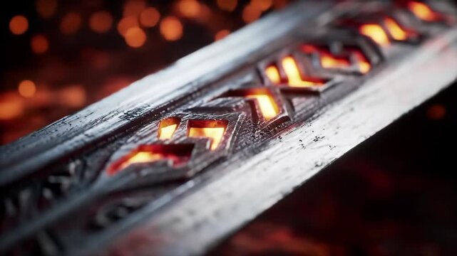 Close-up of fiery glowing medieval sword engravings in flickering light fantasy scene