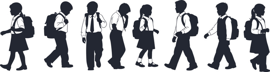 School children walking in line, silhouette students, uniformed kids, backpacks, education concept, morning routine, academic life, group, discipline, unity