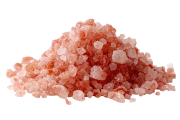 Pile of pink himalayan salt crystals isolated on transparent background. Pile of sparkling pink crystal salt granules isolated on white background.