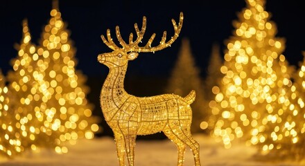 Glowing golden reindeer statue amongst bokeh Christmas tree lights