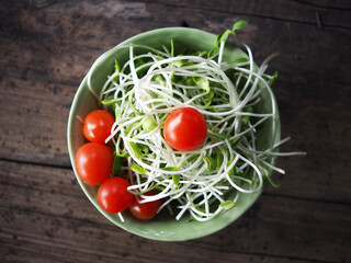 sunflower sprout in green ceranic blow  on old wood table kitchen