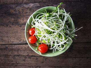 sunflower sprout in green ceranic blow  on old wood table kitchen
