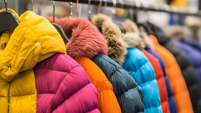 Vibrant winter coats lined up on a rack, showcasing a range of colors and styles, perfect for cold weather fashion and outdoor activities. Stylish and practical outerwear options.