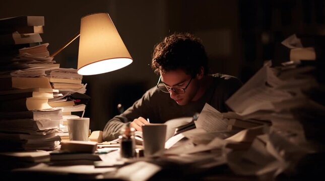University student studying late at night, surrounded by messy textbooks, notes and empty coffee mugs under a single harsh desk lamp, capturing exam stress, fatigue and student life.
