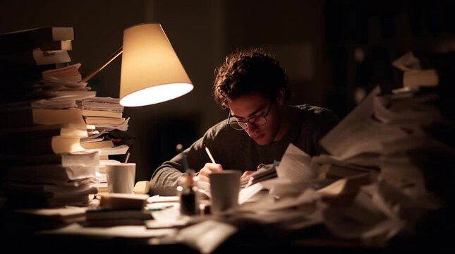 University student studying late at night, surrounded by messy textbooks, notes and empty coffee mugs under a single harsh desk lamp, capturing exam stress, fatigue and student life.
