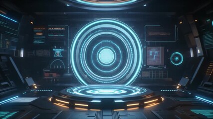 Futuristic spaceship bridge with glowing blue circular interface and data screens control room technology - Powered by Adobe