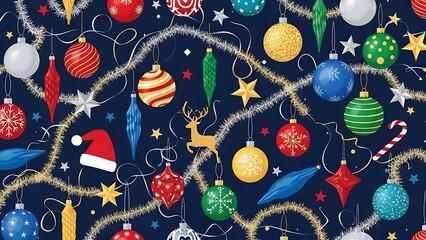 Seamless Pattern of Colorful Christmas Ornaments and Sparkling Stars on Dark Background Concept