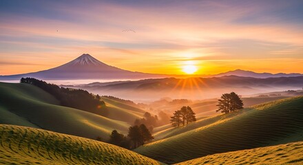 A vibrant sunset casts golden rays over rolling green hills with a snow-capped mountain in the distance. Mist fills valleys