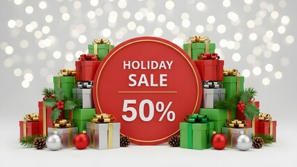 Holiday sale concept with presents and fifty percent discount sign on white background with bokeh lights