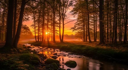 A vibrant sunset illuminates a forest stream. The golden sun peeks through tall trees, casting light on the flowing water and misty landscape