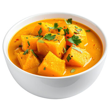 Locro de zapallo a hearty argentine pumpkin and corn stew with beef served in a clay bowl isolated on white background