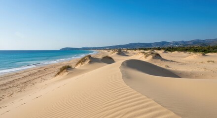 Sandy dunes overlook a bright blue ocean with a sunny beach and distant hills