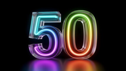 Colorful neon number fifty with rainbow hues on black background